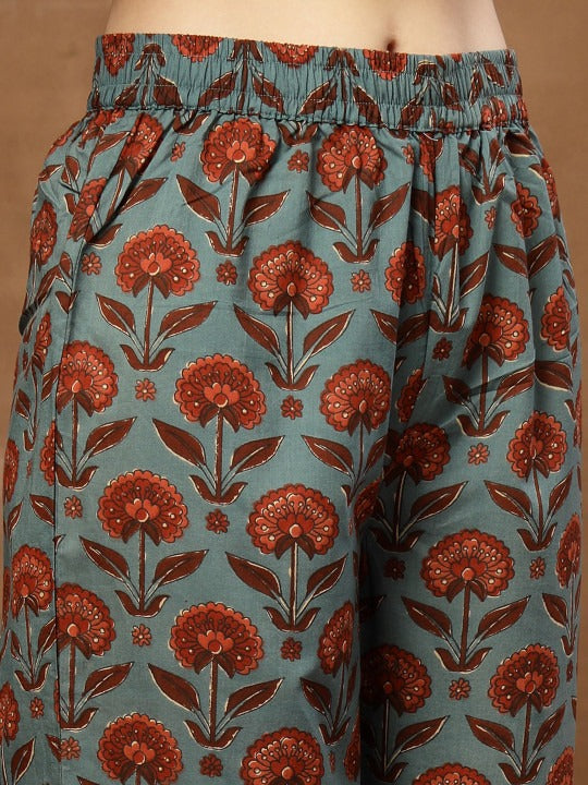 Women Ethnic Motifs Printed Panelled Pure Cotton Kurta with Palazzos & With Dupatta