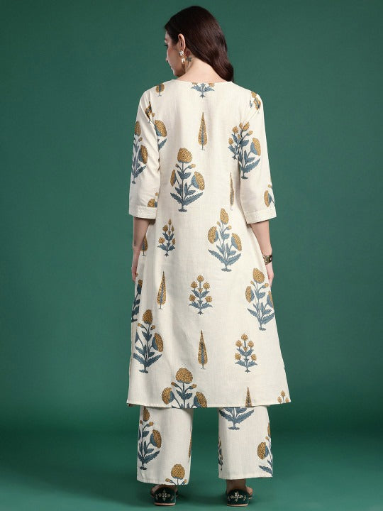 Women Floral Printed Regular Aline Calf Length Kurta with Trousers