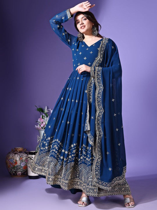 Floral Embroidered Georgette Anarkali Kurta With Dupatta