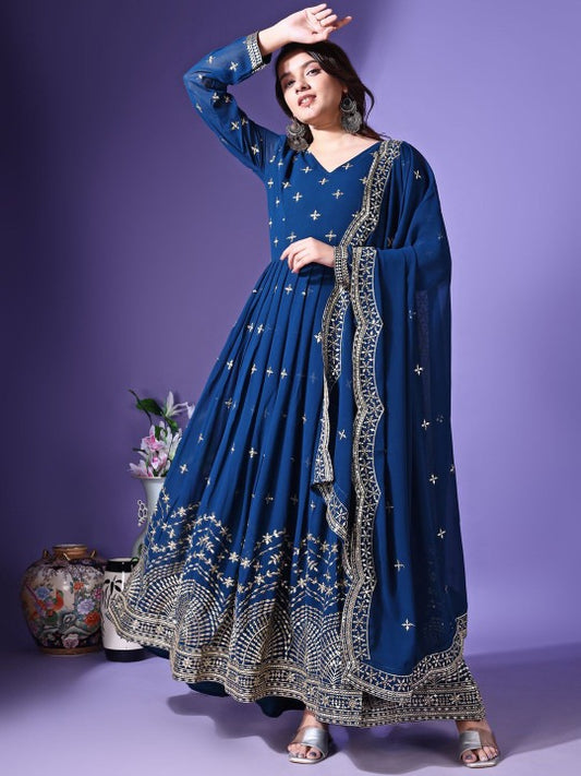 Floral Embroidered Georgette Anarkali Kurta With Dupatta
