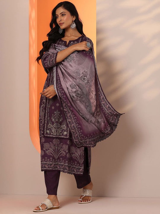 Floral Printed Sequinned Notch Neck Kurta With Trousers & Dupatta