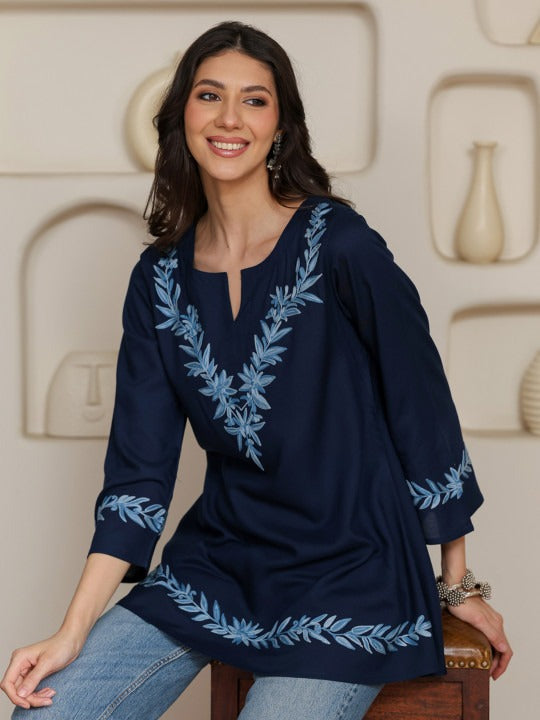 Women Kashmiri Aari Embroidered A-Line Short Kurti with Bell Sleeves