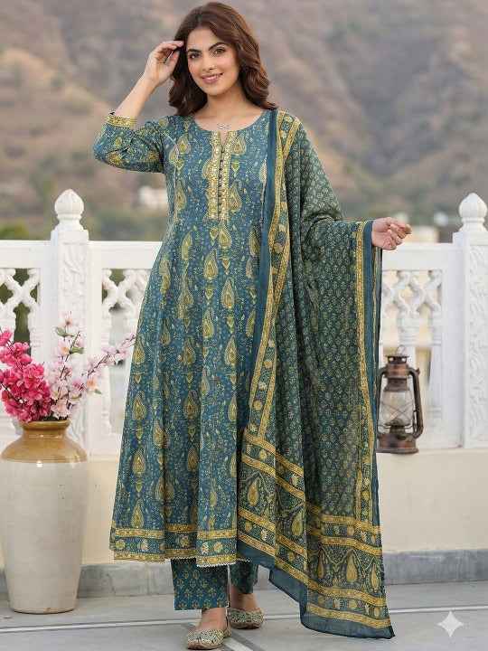 Women Ethnic Motifs Printed Regular Sequinned Pure Cotton Kurta with Trousers & With Dupatta