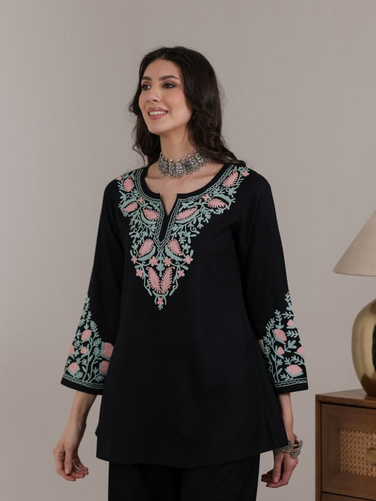 Women Aari Embroidered Viscose Rayon A-Line Full Sleeves Short Kurti