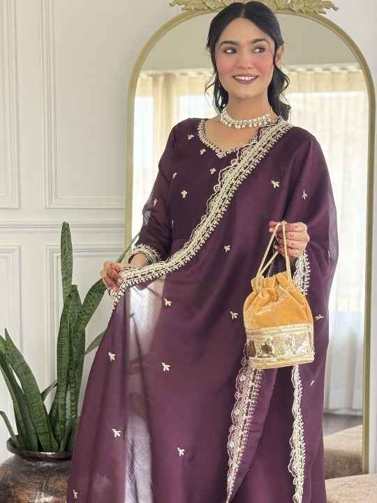 Floral Embroidered Notch Neck Sequinned Anarkali Kurta With Trousers & Dupatta