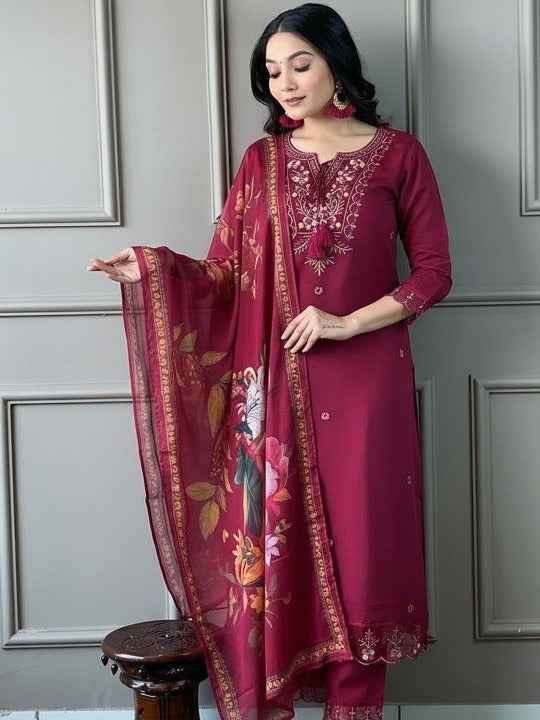 Women Ethnic Motifs Embroidered Regular Thread Work Kurta with Trousers & With Dupatta