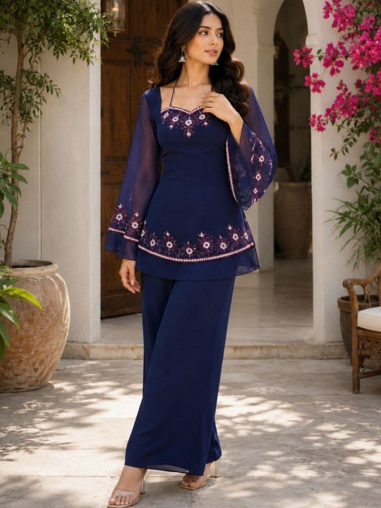 Floral Embroidered Thread Work Sweetheart Neck Kurta With Palazzos