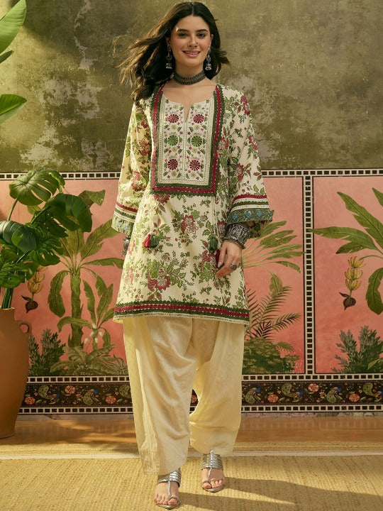 Printed Pure Cotton Round Neck Kurti & Salwar