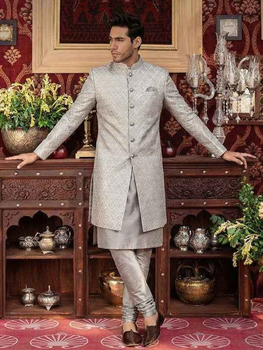 Men Woven-Design Cotton Indowestern Sherwani Set