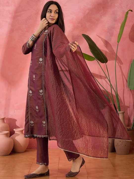 Floral Embroidered Panelled Notch Neck A-Line Kurta With Trouser And Dupatta