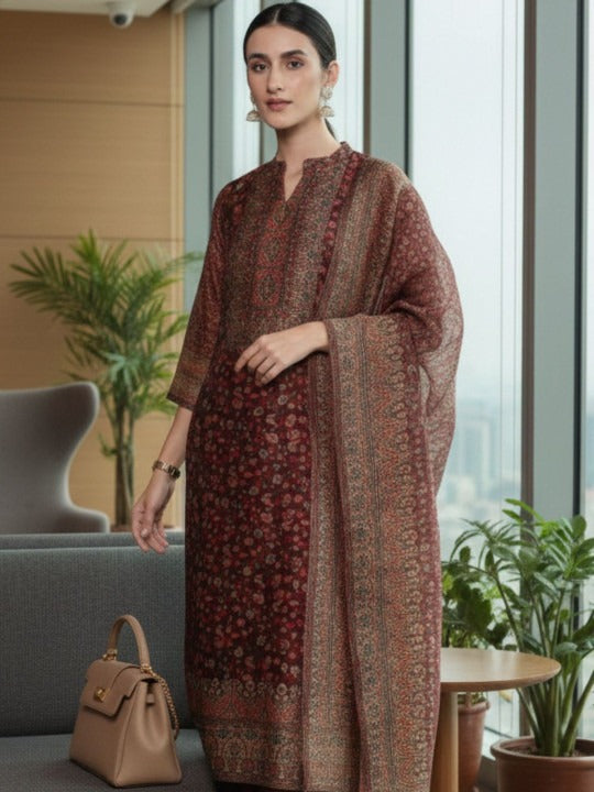 Women Ethnic Motifs Printed Regular Chanderi Silk Kurta with Trousers & With Dupatta