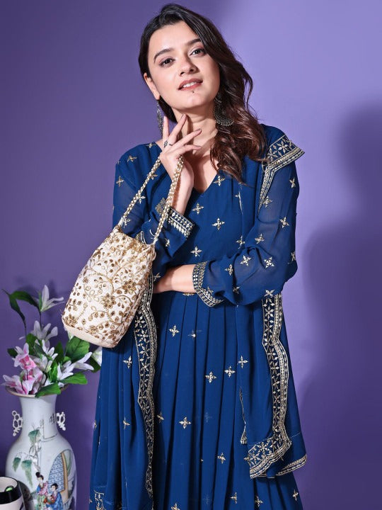 Floral Embroidered Georgette Anarkali Kurta With Dupatta