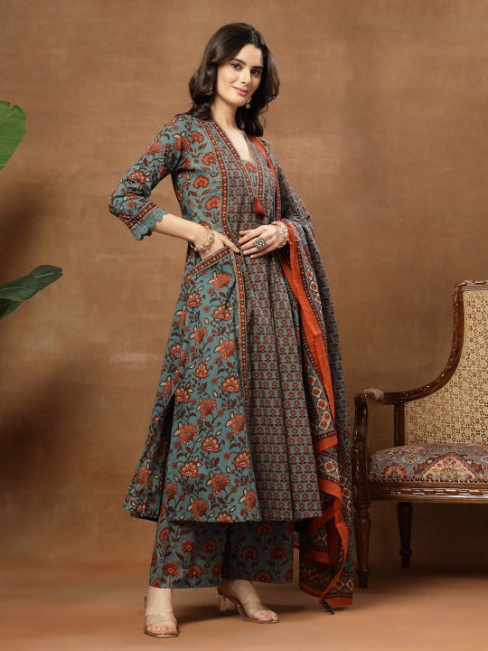 Women Ethnic Motifs Printed Panelled Pure Cotton Kurta with Palazzos & With Dupatta