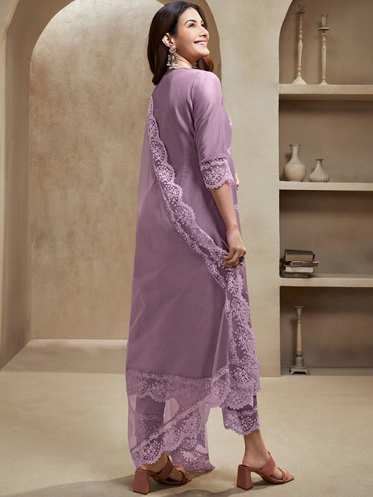 Floral Embroidered Regular Thread Work A-Line Kurta with Trousers & Dupatta