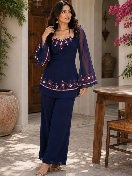 Floral Embroidered Thread Work Sweetheart Neck Kurta With Palazzos
