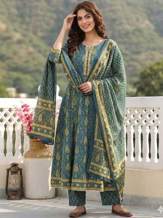 Women Ethnic Motifs Printed Regular Sequinned Pure Cotton Kurta with Trousers & With Dupatta