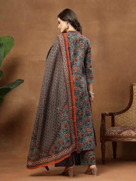 Women Ethnic Motifs Printed Panelled Pure Cotton Kurta with Palazzos & With Dupatta