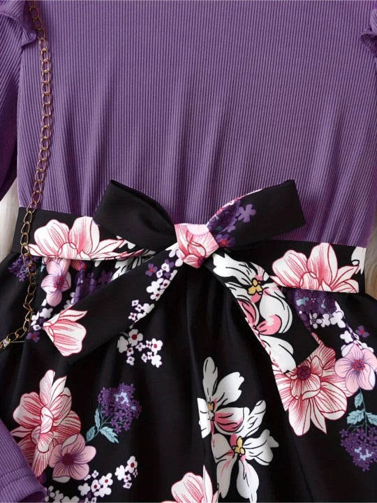 Girls Printed Round Neck Fit & Flare Dress