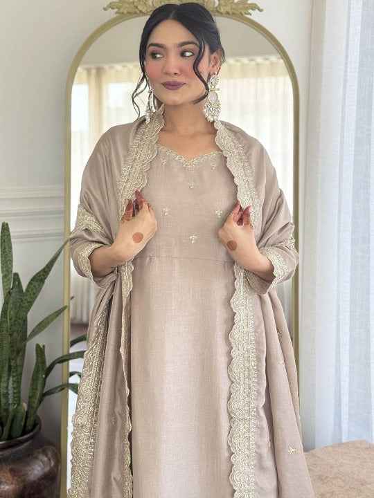 Women Floral Embroidered Anarkali Kurta with Trousers & Dupatta
