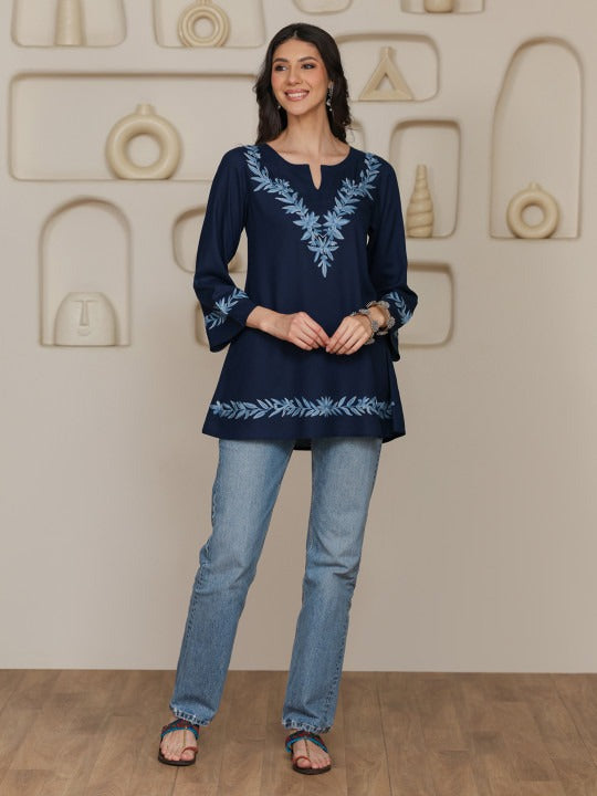Women Kashmiri Aari Embroidered A-Line Short Kurti with Bell Sleeves
