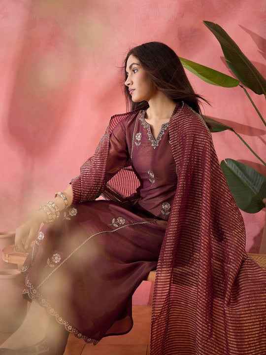 Floral Embroidered Panelled Notch Neck A-Line Kurta With Trouser And Dupatta