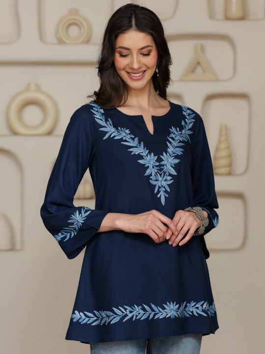 Women Kashmiri Aari Embroidered A-Line Short Kurti with Bell Sleeves