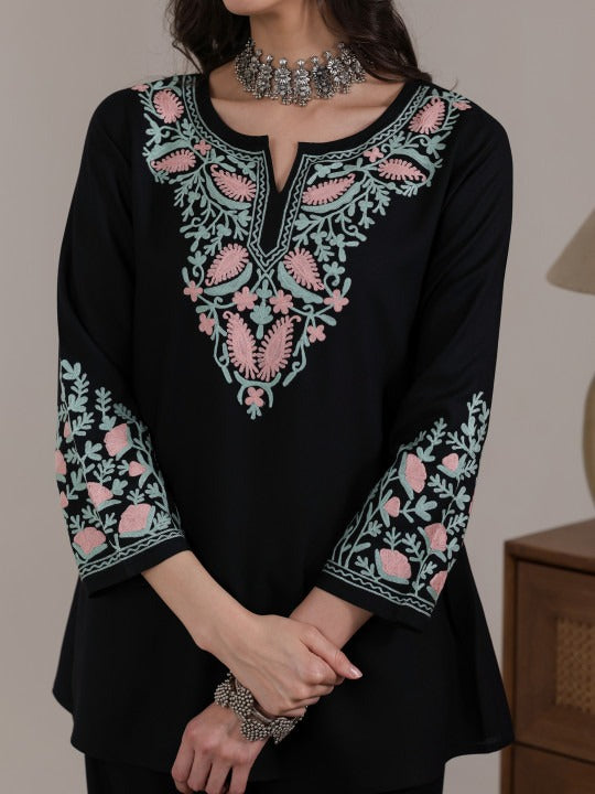 Women Aari Embroidered Viscose Rayon A-Line Full Sleeves Short Kurti