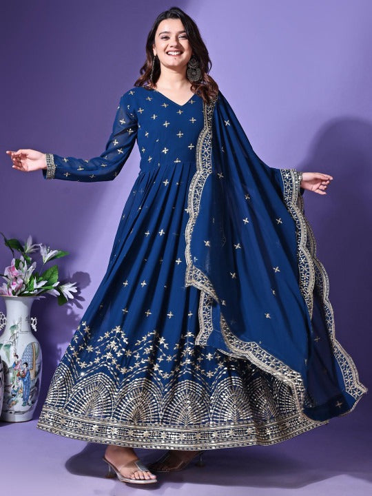 Floral Embroidered Georgette Anarkali Kurta With Dupatta