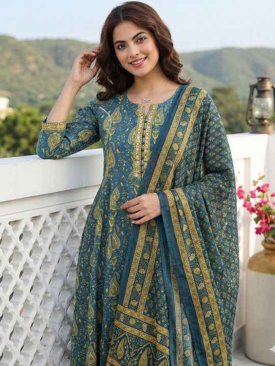 Women Ethnic Motifs Printed Regular Sequinned Pure Cotton Kurta with Trousers & With Dupatta