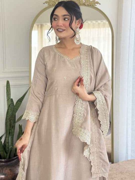 Women Floral Embroidered Anarkali Kurta with Trousers & Dupatta