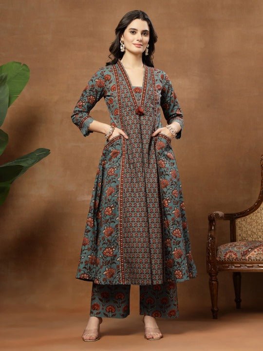 Women Ethnic Motifs Printed Panelled Pure Cotton Kurta with Palazzos & With Dupatta