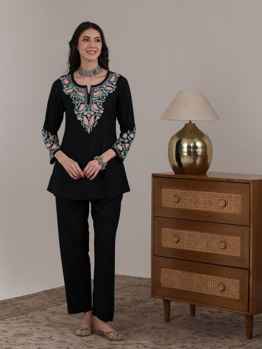 Women Aari Embroidered Viscose Rayon A-Line Full Sleeves Short Kurti