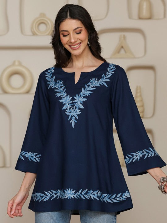 Women Kashmiri Aari Embroidered A-Line Short Kurti with Bell Sleeves