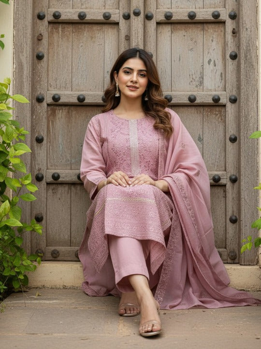 Women Ethnic Motifs Embroidered Regular Thread Work Kurta with Trousers & With Dupatta