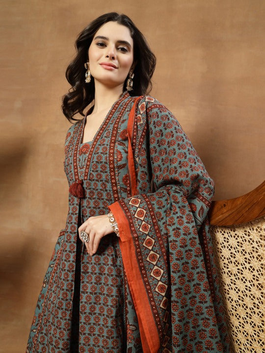 Women Ethnic Motifs Printed Panelled Pure Cotton Kurta with Palazzos & With Dupatta
