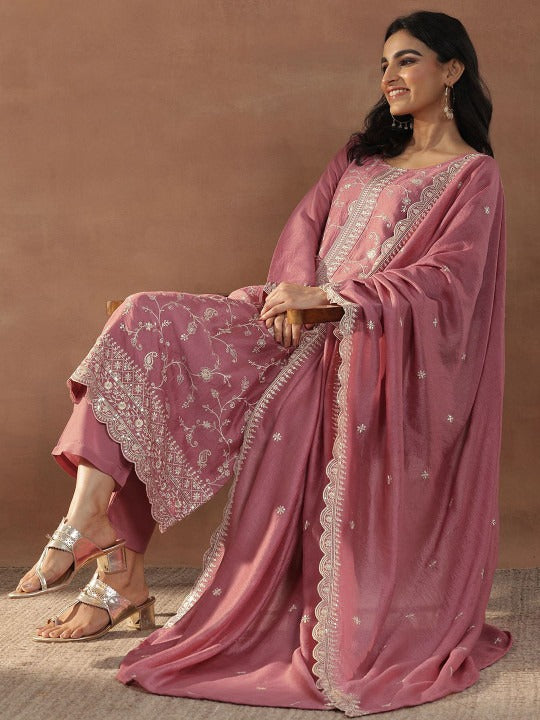 Women Floral Embroidered Regular Sequinned Kurta with Trousers & With Dupatta