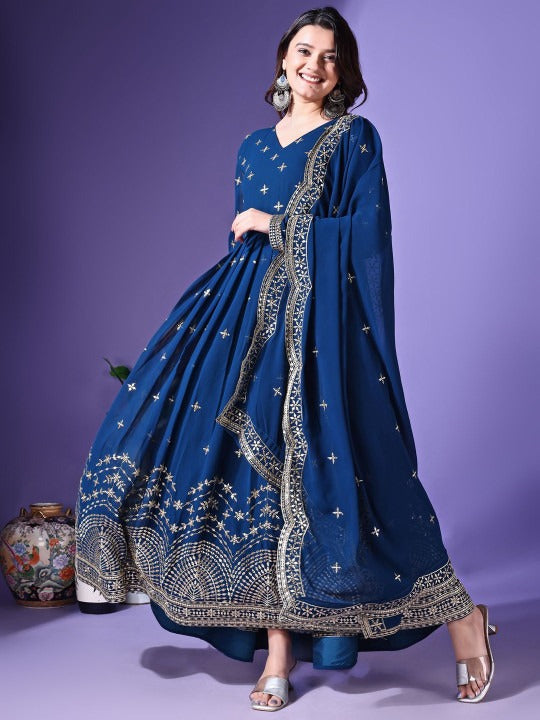 Floral Embroidered Georgette Anarkali Kurta With Dupatta