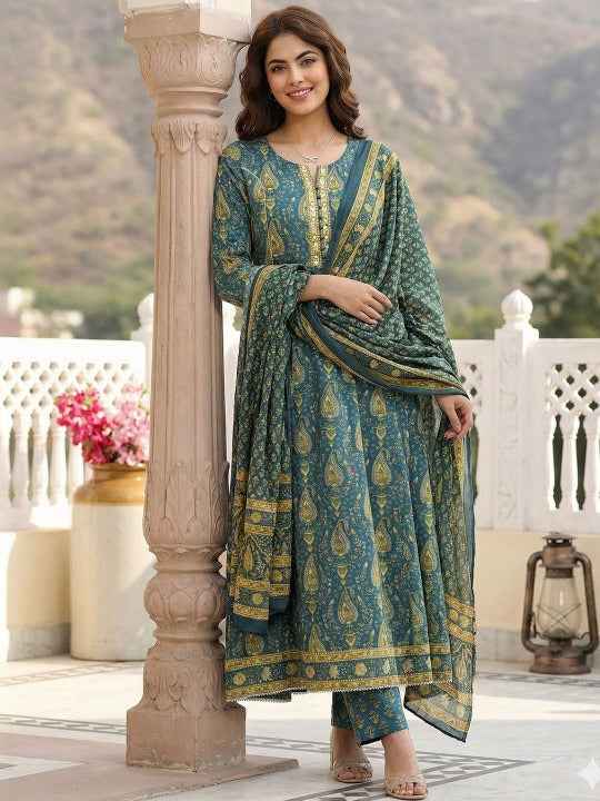 Women Ethnic Motifs Printed Regular Sequinned Pure Cotton Kurta with Trousers & With Dupatta