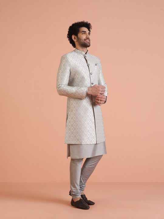 Men Woven-Design Cotton Indowestern Sherwani Set