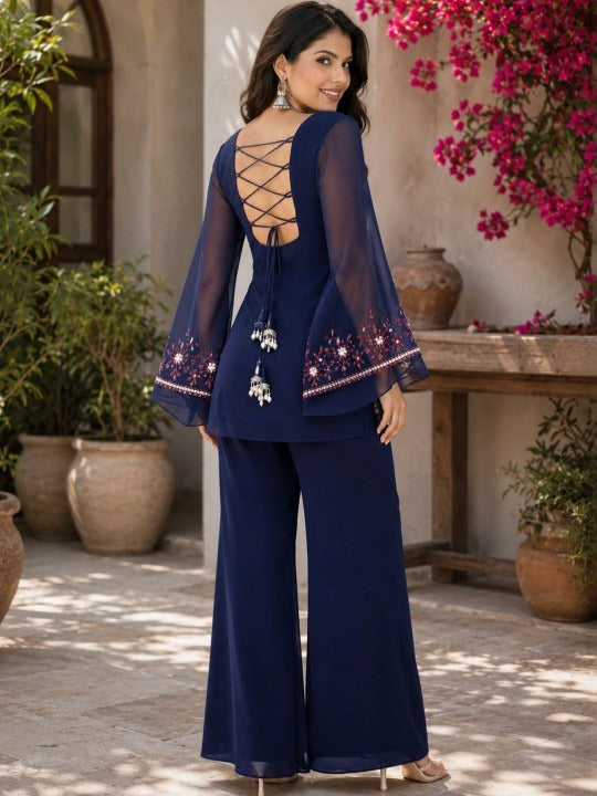 Floral Embroidered Thread Work Sweetheart Neck Kurta With Palazzos