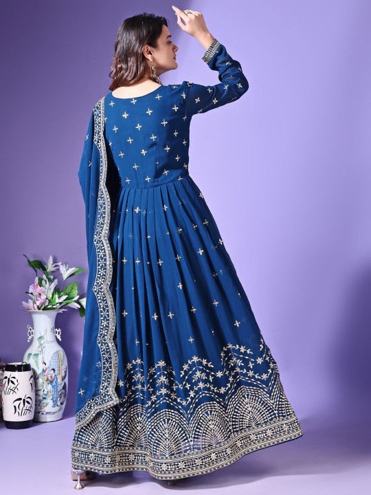 Floral Embroidered Georgette Anarkali Kurta With Dupatta