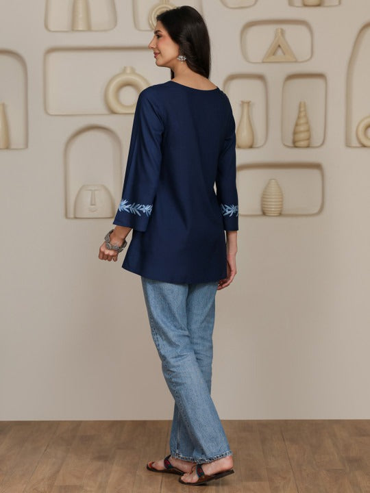 Women Kashmiri Aari Embroidered A-Line Short Kurti with Bell Sleeves