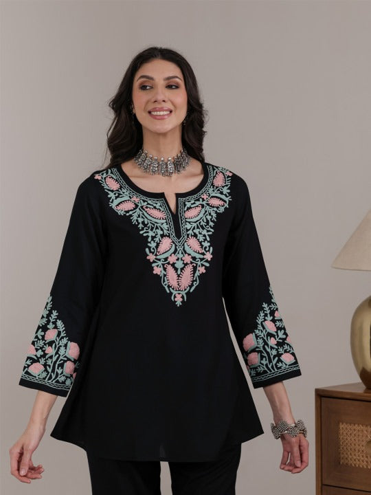 Women Aari Embroidered Viscose Rayon A-Line Full Sleeves Short Kurti