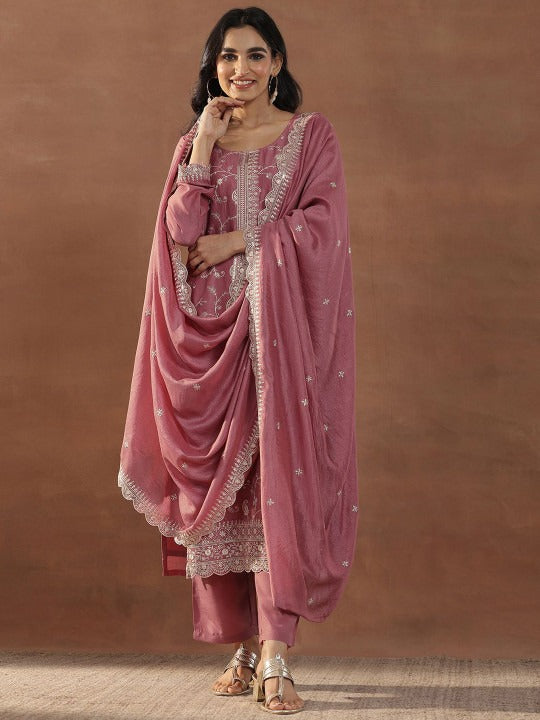 Women Floral Embroidered Regular Sequinned Kurta with Trousers & With Dupatta