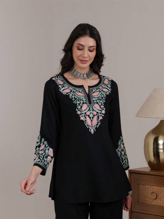Women Aari Embroidered Viscose Rayon A-Line Full Sleeves Short Kurti