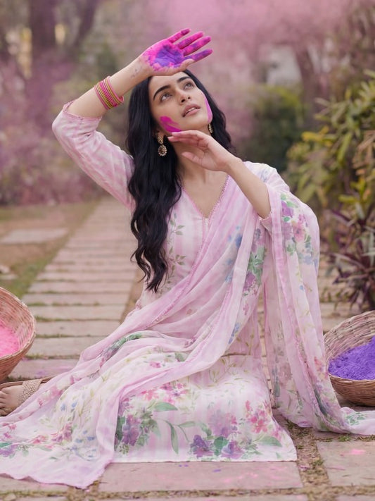 Women Floral Printed Regular Linen Kurta & Trousers With Floral Dupatta