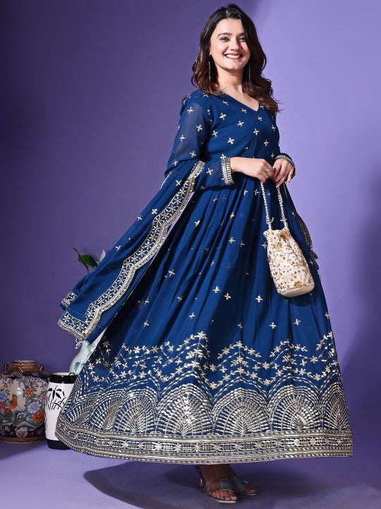 Floral Embroidered Georgette Anarkali Kurta With Dupatta