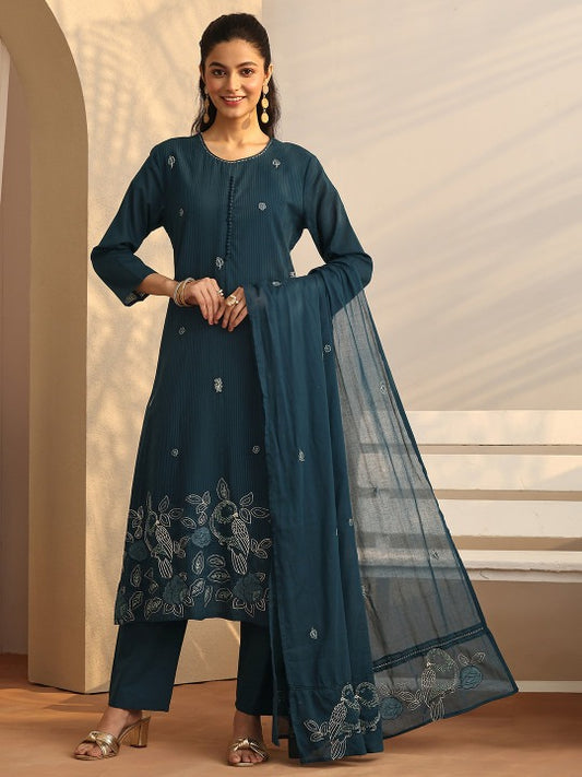 Women Floral Embroidered Regular Thread Work Kurta with Trousers & With Dupatta