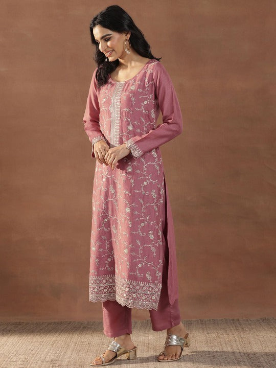 Women Floral Embroidered Regular Sequinned Kurta with Trousers & With Dupatta