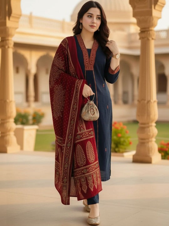 Women Ethnic Motifs Embroidered Regular Thread Work Kurta with Trousers & With Dupatta